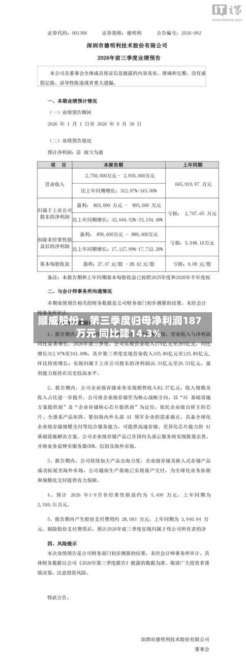 顺威股份：第三季度归母净利润187万元 同比降14.3%-第1张图片