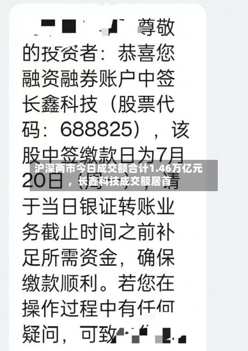 沪深两市今日成交额合计1.46万亿元，长鑫科技成交额居首