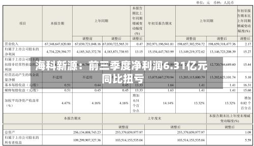 海科新源：前三季度净利润6.31亿元 同比扭亏