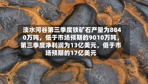 淡水河谷第三季度铁矿石产量为8840万吨，低于市场预期的9010万吨，第三季度净利润为13亿美元，低于市场预期的17亿美元