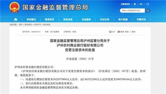 泸州农商银行获批增资至39.8亿元	，泸州老窖集团、兴泸资产认购，持股均超5%