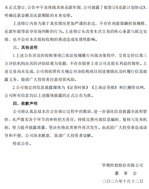 华塑控股致歉：工作人员上传失误出现修订痕迹，不存在刻意隐瞒或误导市场行为