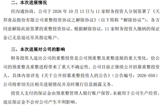 前三季度巨亏16.58亿元	，13家投资人全解约，天邦食品预重整步入最后窗口期
