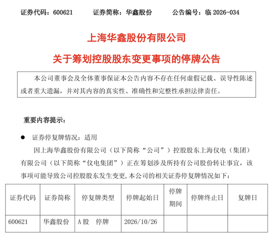 明起停牌！600621	，控股股东拟变更